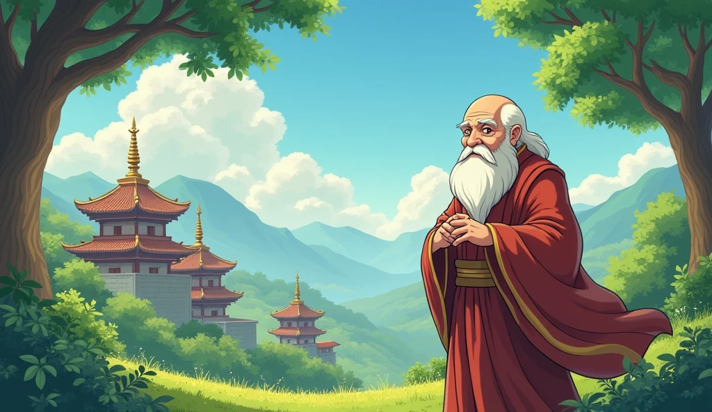 Old fat monk master, surrounded by temples, greenary, trees, standing, peaceful, wisdomfull, in anime style,