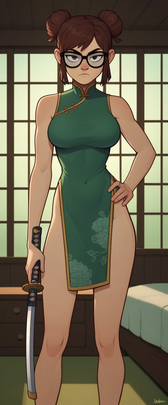 lisaloud, 1girl, solo, 24yo girl, large breasts, green cheongsam,  glasses, two hair buns, standing in a bedroom, looking at viewer, brown hair, short, hands  score_9, score_8_up, score_7_up,iaidow,weapon, katana, holding sword, ready to draw, sheathed, unsheathing, scabbard,