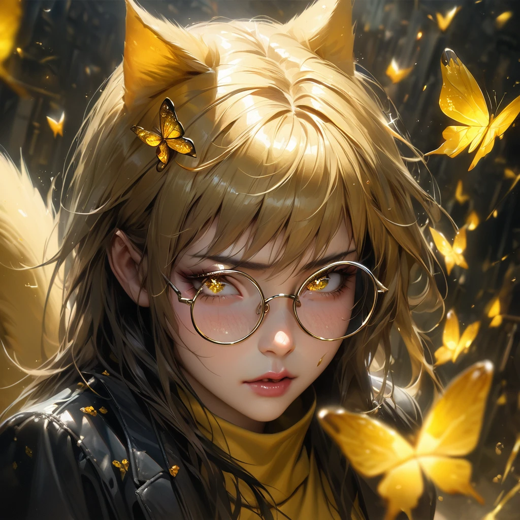Extremely detailed, high resolution, absurd, HDR, masterpiece, Fushiguro Megumi, Expressive yellow eyes, Jiu Jitsu Kaiba, Black long coat, yellow Ice flowers, petal, Very beautiful, Sexy girl, Solitary, Extremely detailed eyes and face, yellow Ice, yellow Ice sparkling butterflies, yellow T-shirt, Realistic face, sparkling, sparkling eyes, yellow cat, black long hair, yellow hair tail, wear round glasses, A pair of cat ears on the head