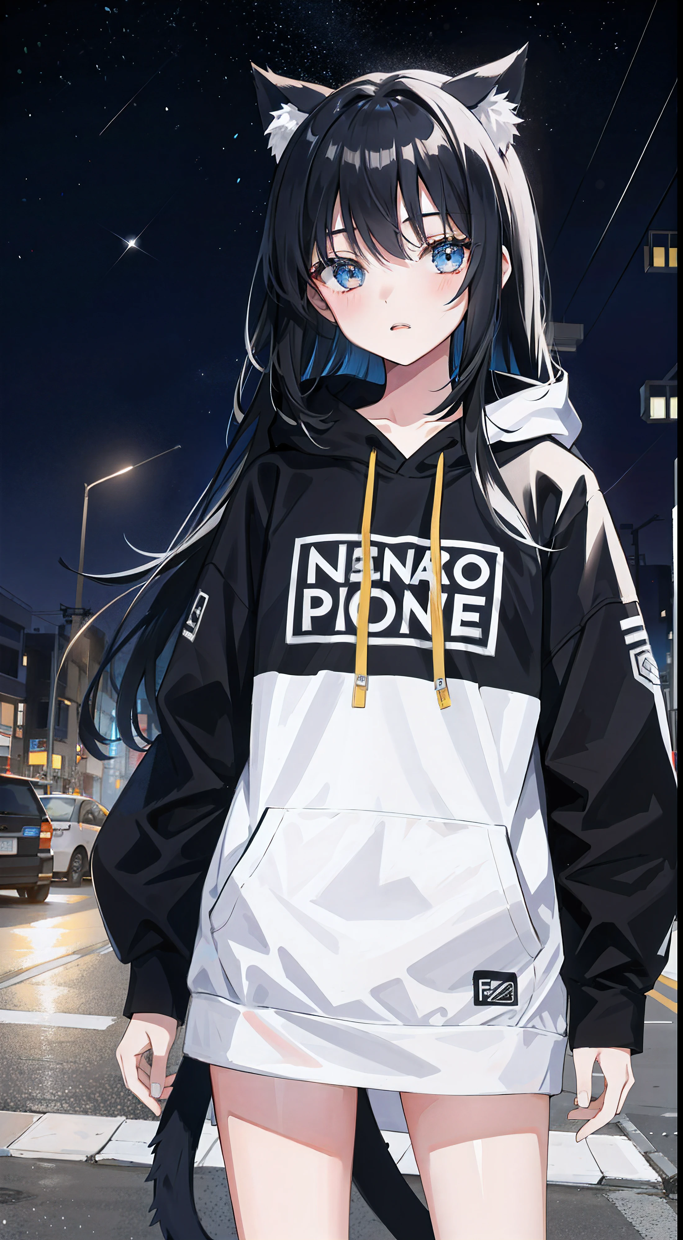 1girl, 13 years old, realistic, she is wearing short pants, she is wearing oversize hoodie, black hair, cat ear, cat tail, long hair, Sleepy face, street, star eye, night, super moon, The text is bold and eye-catching, with catchy slogans that add to the overall drama and excitement, meteor in the sky, hd,