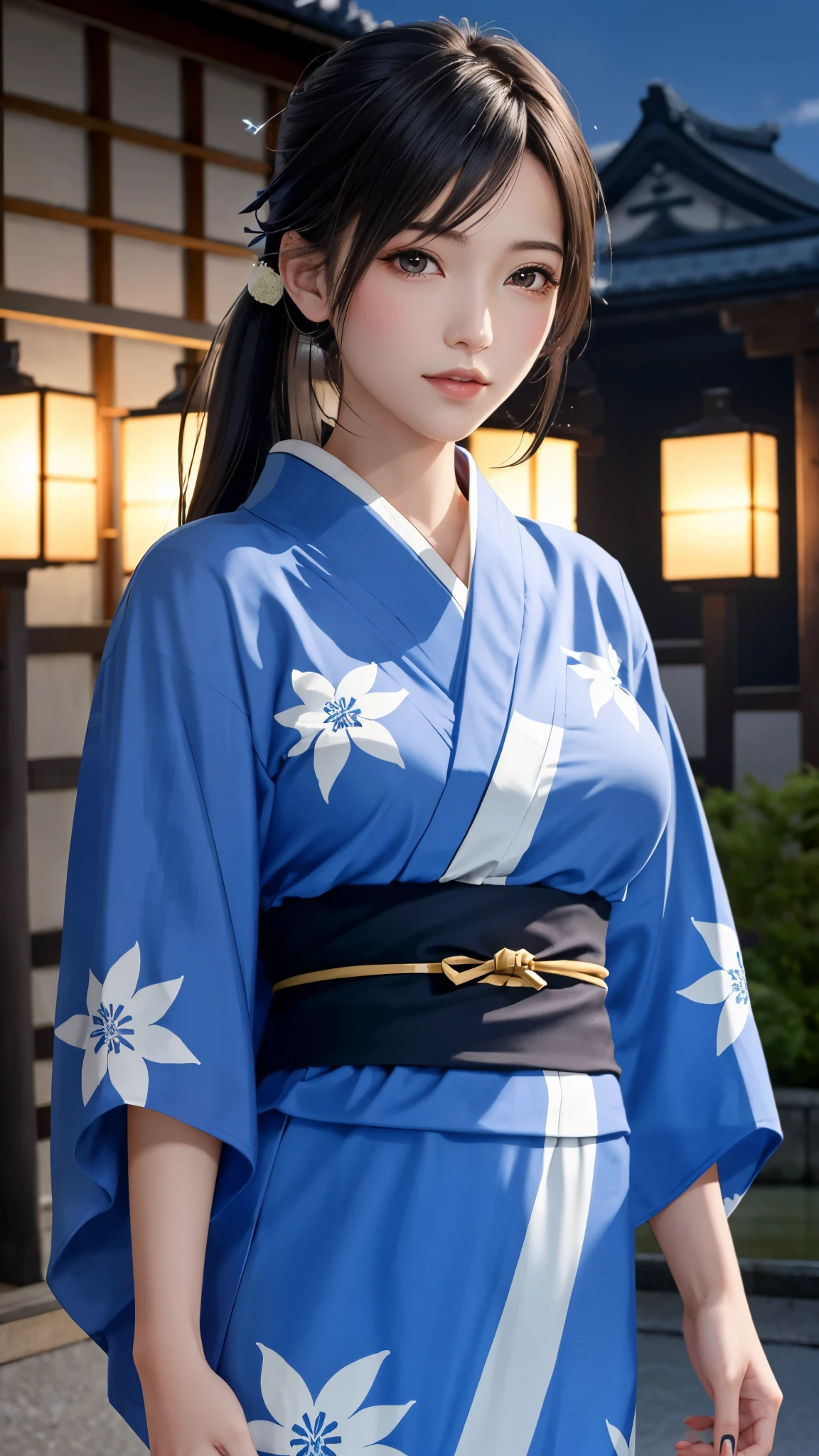 {Top Quality, Masterpiece}, (Realistic: 1.3), Wallpapers, ultra high res, ultra high quality, BREAK {{{FF7, Tifa_lockhart, solo}}},(ponytail), Ultra-detailed face, Detailed eyes, Red eyes, (black brown hair, Large breasts: 1.0), (she is wearing a beautiful yukata:1.8), About 18 years old, {{{erotic face ,erotic mouth, erotic eyes}}}, erotic pose:1.2, blush, shy , BREAK (Kyoto:1.1, river-side, evening:1.5), 