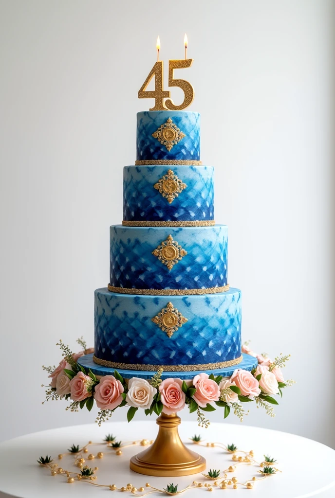 An anniversary cake for the 45th anniversary of an institution, sapphire and gold color. the background must be white