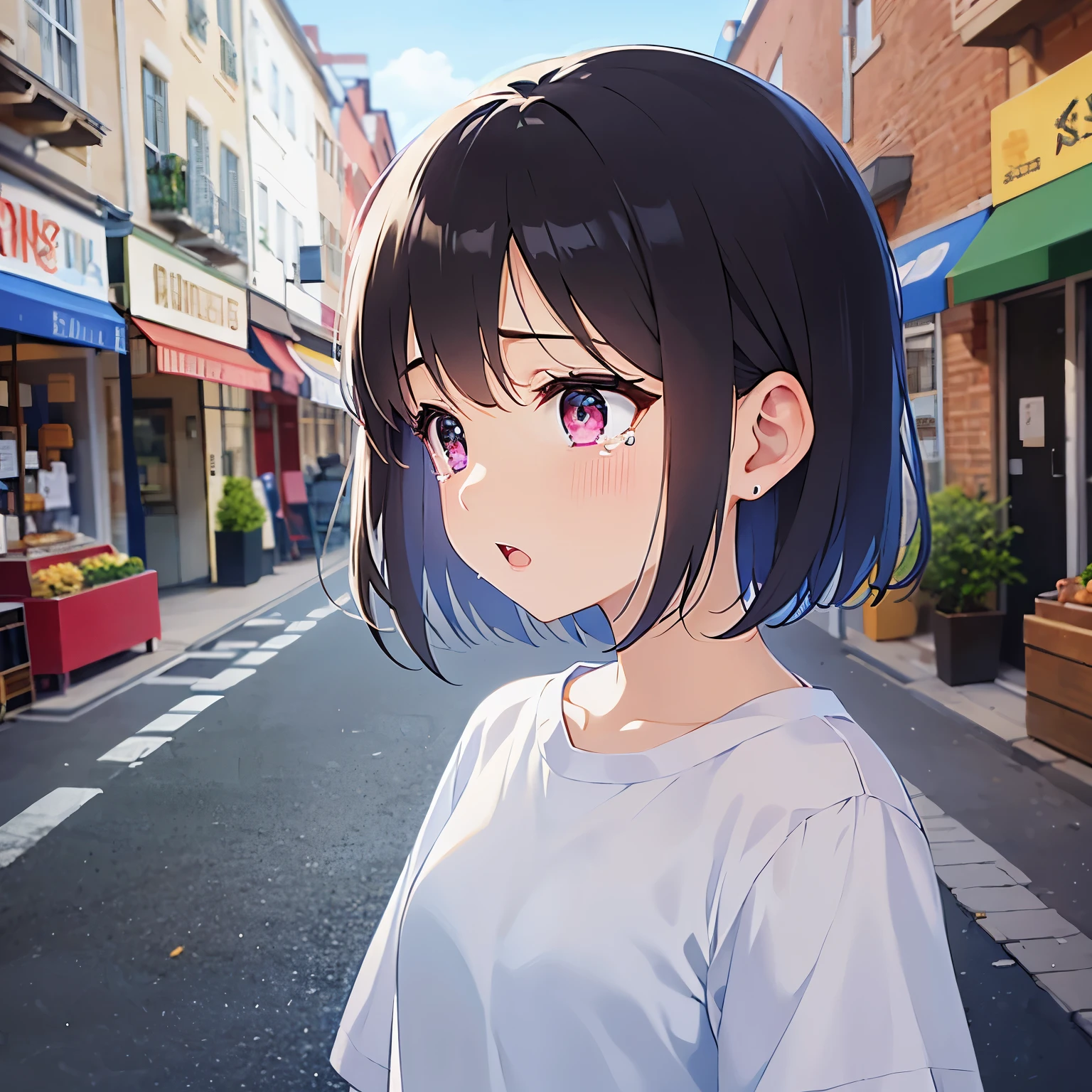 side angle, (looking away:1.5), child、bob cut, masterpiece、Highest quality、 (Hair with brown bangs) and (Pink eyes) and (5 years old:1.5)、, (Blue) and (T-Shirts)、sad、(tears:1.1), open mouth, Are standing、The background is a shopping street、The upper body is shown、Alone、