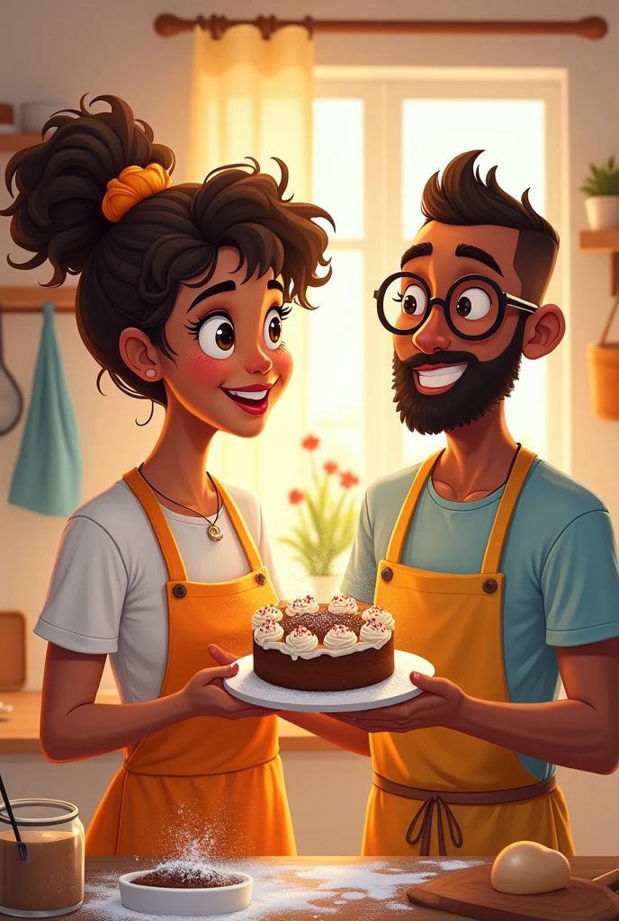 cute drawing of a brown girlfriend surprising her American white boyfriend who wears glasses by baking his favorite coffee cake