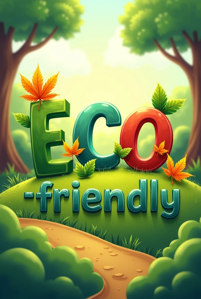 Word "eco friendly paper pack" written in cartoon style in attractive green,  red,  grey and yellow shades, leaf like style