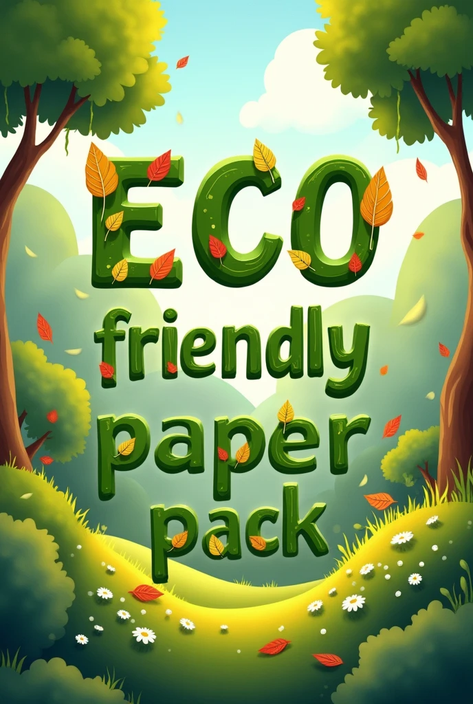 Word "eco friendly paper pack" written in cartoon style in attractive green,  red,  grey and yellow shades, leaf like style