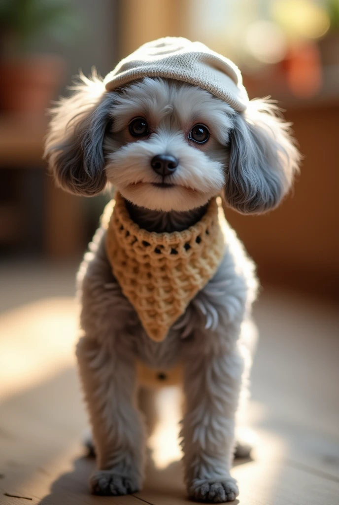 Highest quality,4K,A real, cute dog standing on its hind legs, Face directly ahead, She's wearing a cute outfit and a matching hat. Dog Toy Poodle,Color Silver Gray. Stylish and attractive clothing, Up the cuteness of the dog. The background is simple and slightly blurred.、Focus on the dog. The lighting is natural,Warm glow. Dogs are playful、Has a friendly look, big, Round eyes staring straight ahead