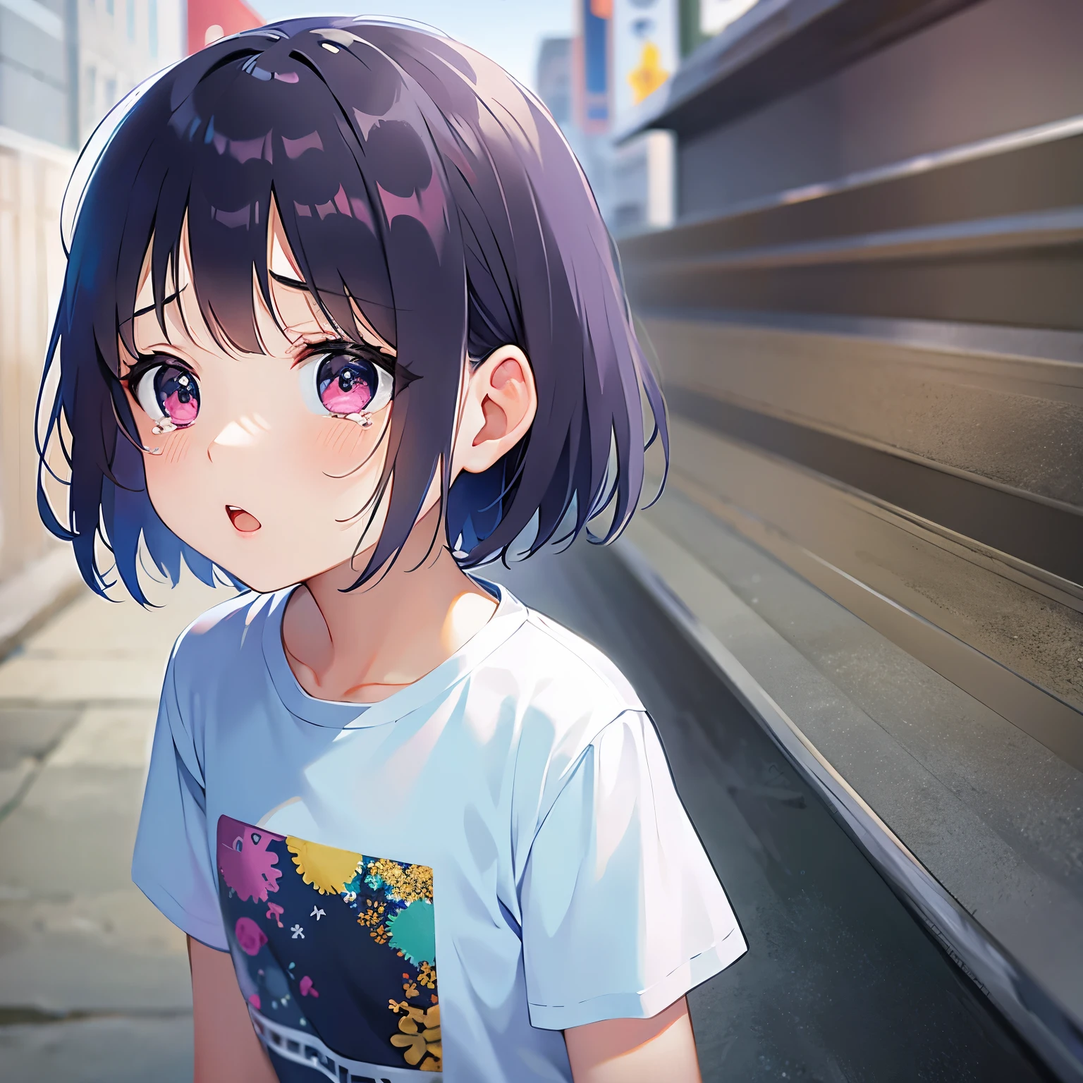 side angle, (looking away:1.5), child、bob cut, masterpiece、Highest quality、 (Hair with brown bangs) and (Pink eyes) and (:1.5)、, (Blue) and (T-Shirts)、sad、(tears:1.1), open mouth, Are standing、The background is a shopping street、The upper body is shown、Alone、