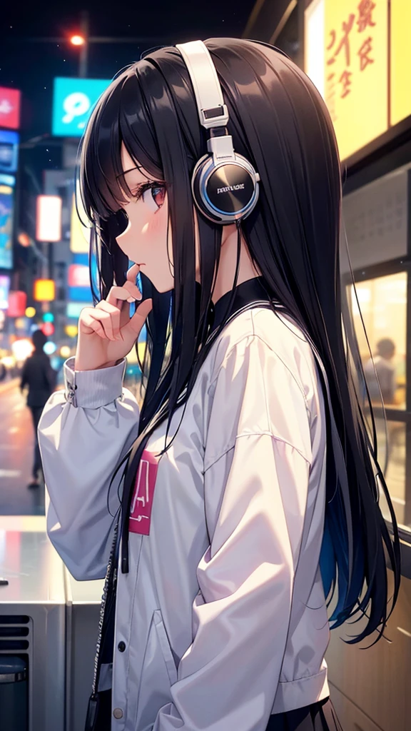 Looking into the sink。A young girl with black hair wearing stylish clothes and headphones labeled "lo-fi" The girl is shown in profile, gazing into the distance with a calm, relaxed expression Background depicts the iconic scenery of Namba, Osaka at night, without any text on signs A starry night sky adding to the peaceful atmosphere Overall mood is quiet and serene, perfect for lo-fi music Detailed hair rendering and careful attention to the girl's fashionable outfit The entire scene should evoke a relaxing, introspective feeling associated with lo-fi music