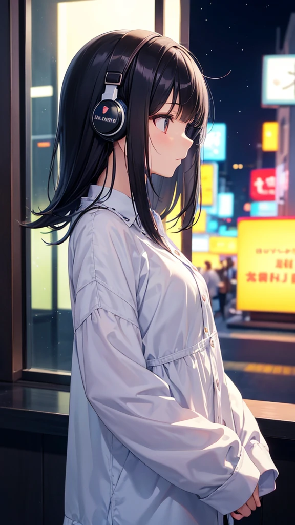 Looking into the sink。A young girl with black hair wearing stylish clothes and headphones labeled "lo-fi" The girl is shown in profile, gazing into the distance with a calm, relaxed expression Background depicts the iconic scenery of Namba, Osaka at night, without any text on signs A starry night sky adding to the peaceful atmosphere Overall mood is quiet and serene, perfect for lo-fi music Detailed hair rendering and careful attention to the girl's fashionable outfit The entire scene should evoke a relaxing, introspective feeling associated with lo-fi music