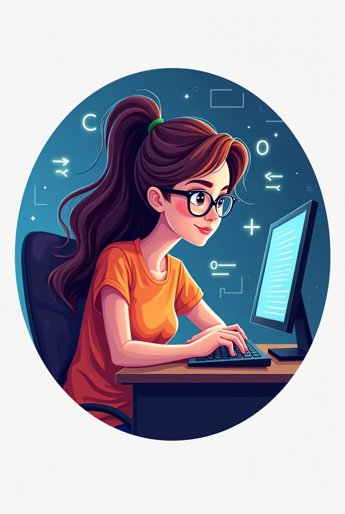 Design a round logo with a cute cartoon illustration of a beautiful woman sitting sideways, coding. The image tone should be awe-inspiring.