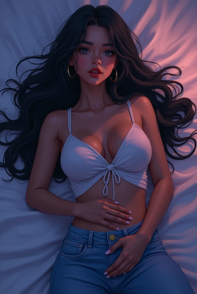 ((best quality)), ((masterpiece)), (detailed), dark tanned skin anime woman in a deep V-neck tied top, (bare shoulders), (bare arms), (jeans), (long hair), starving, (resting hands on the stomach), (hands on the stomach), (slim body), (smooth and oily skin)