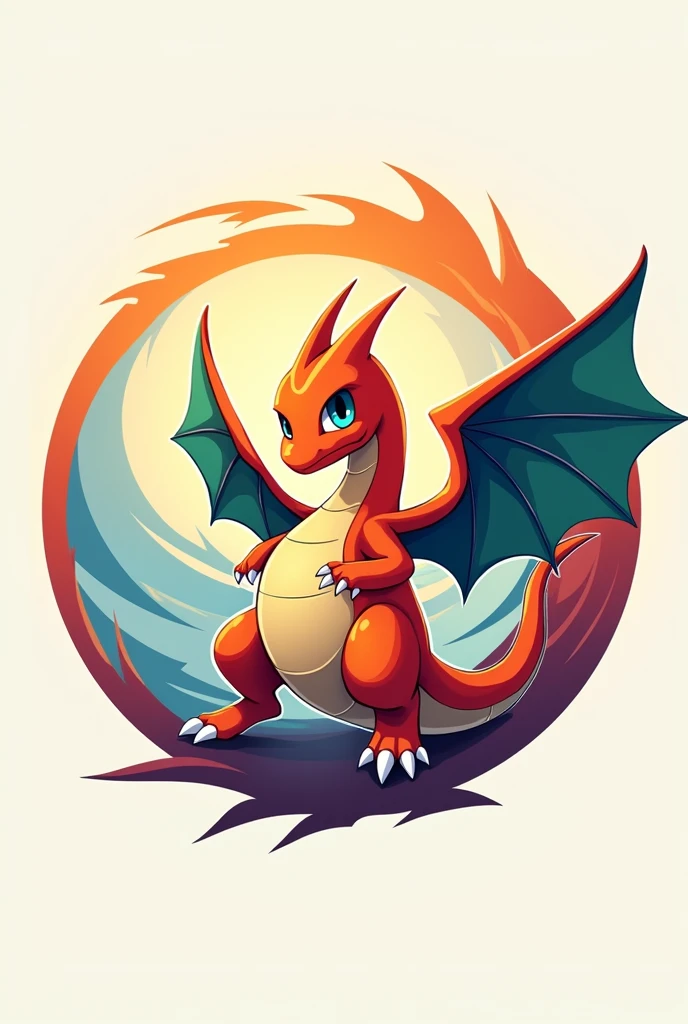 Design an illustrated gaming logo featuring a stylized Dragonite from Pokémon, perfectly framed within a circular shape. The logo should focus on Dragonite's friendly yet powerful presence, capturing its essence as a strong but approachable dragon.Position Dragonite in a dynamic pose, with its body slightly coiled to fit within the circle, emphasizing its large wings, curved tail, and distinctive antennae. The wings should be partially extended, filling the upper part of the circle, with a subtle glow or aura around them to suggest energy and strength.Incorporate swirling elements or patterns around Dragonite to evoke a sense of wind or clouds, emphasizing its ability to soar through the skies. The background within the circle could be a gradient or a subtle pattern that complements Dragonite’s warm orange color, using shades of blue or purple to contrast and make the character pop.The overall design should be clean, modern, and vibrant, with Dragonite’s features clearly defined. The logo should convey a sense of power, confidence, and friendliness, making it appealing for use in a gaming context. The design must be bold, easily recognizable, and fit well within the circular frame, ensuring that it works effectively as a gaming logo."