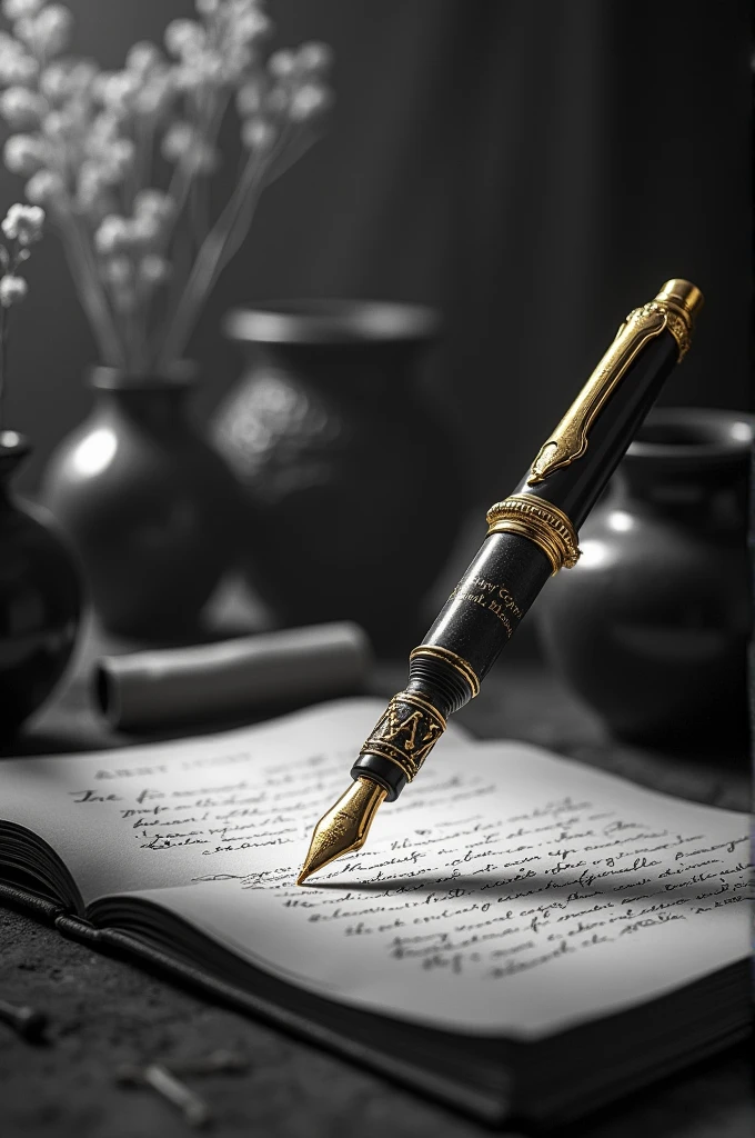 A black and white scene with a touch of color on a golden pen, symbolizing Stoic wisdom, with the quote 'The happiness of your life depends on the quality of your thoughts' inscribed above."