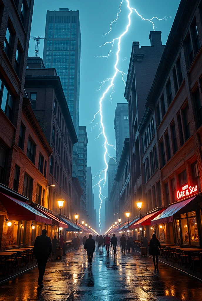 Street with buildings and with lightning