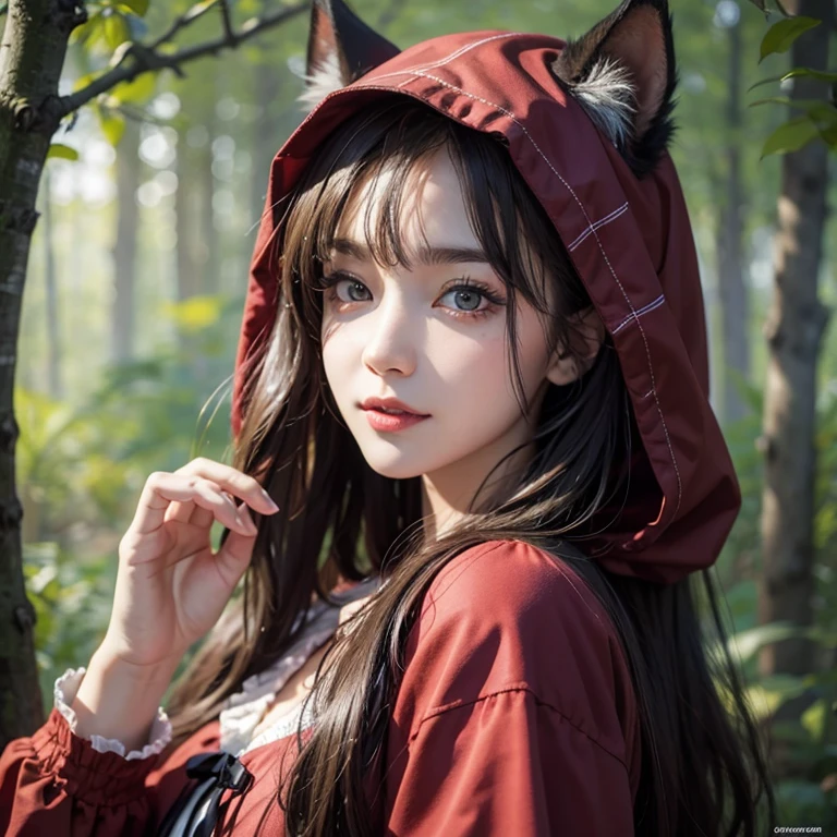 Standing in the forest、Hair Flow、 ((Highest quality、masterpiece、8k、Best image quality、Ultra-high resolution、Award-winning works)、(Accurate ???????:1.1)、(Look at me and smile:1.1)、Shining fair skin with Ultra-high resolution、The most detailed face、Ultra-high resolution detailed face、Ultra-high resolutionの髪の毛、(Ultra-high resolution eye:1.1)、Beautiful face drawn in every detail、little red riding hood　Costumes , Chest to chest,  Strange atmosphere, A real werewolf stares at her......., Dark Light, in the forest , Heavy makeup 