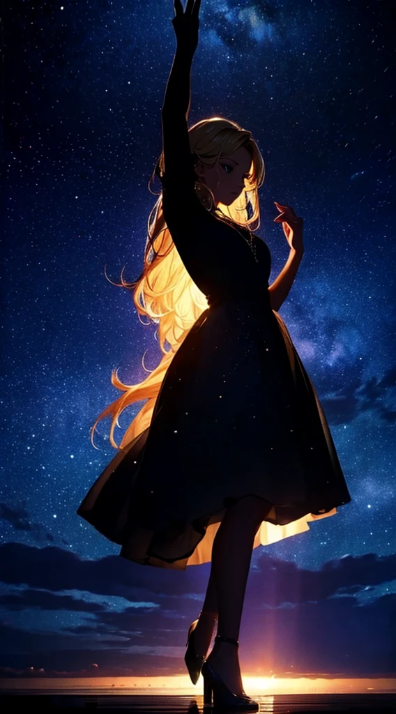 Starry Sky,dance,woman1people々,silhouette,blonde, dress,blonde long hair,
