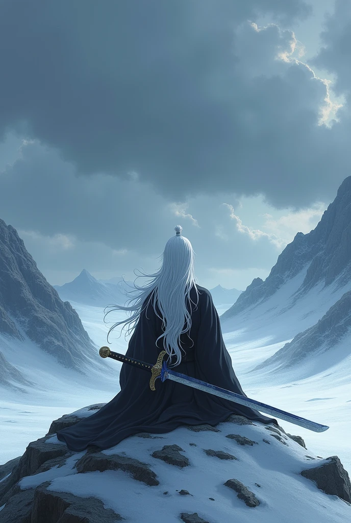 A young man sitting in a hill. He seems like he has lost everything. Everything is like icy theme. Make it 2d like anime type. I need this for novel cover. He should be wearing a white and black robe with long white hair like a chinese cultivator. And don't make him so close to screen and show many hills and don't show his face. Can u make it seem like a painting . I need him to have his sword beside him a sword a typical mc of cultivation novel holds make it look like it gives icy intent and make the hill and the scenery little dark like a world where there is no justice and u have to fight for everything make him look like he don't have much emotion and don't have any interest except in cultivation . Don't make the sword look like what's pulled out from history make it seem like it's not too thick nor too thin. Make it 800 * 600px within 5M