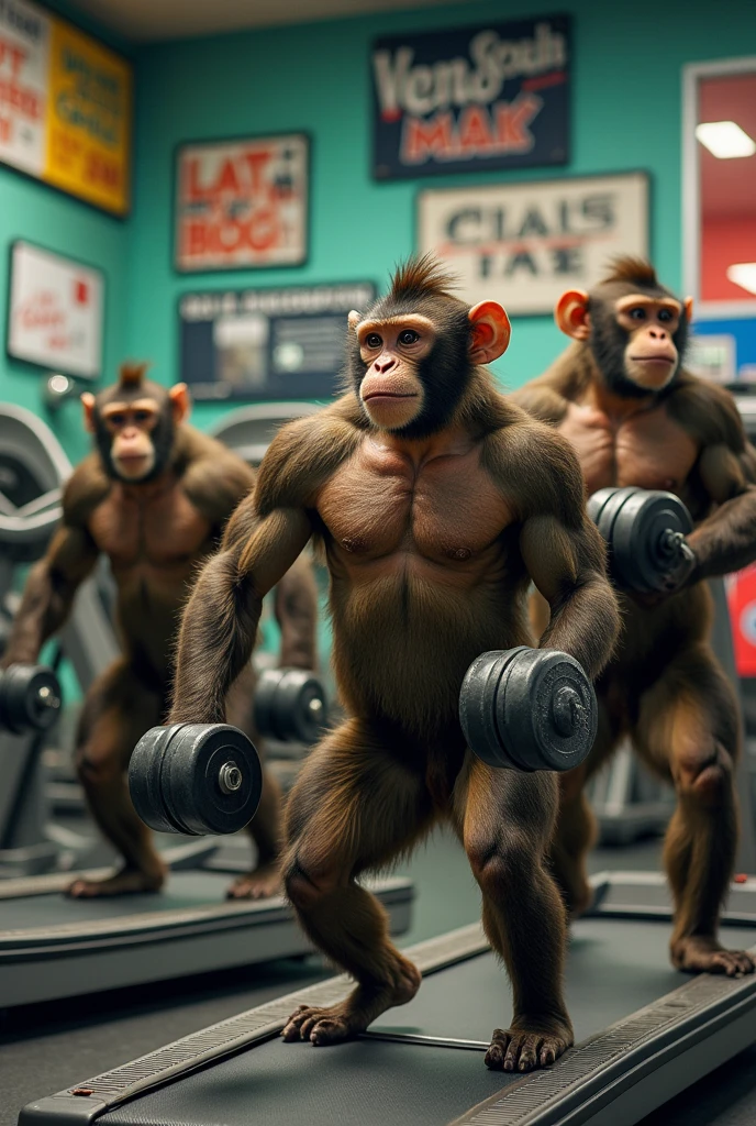 Make three muscular monkeys working out at the gym
