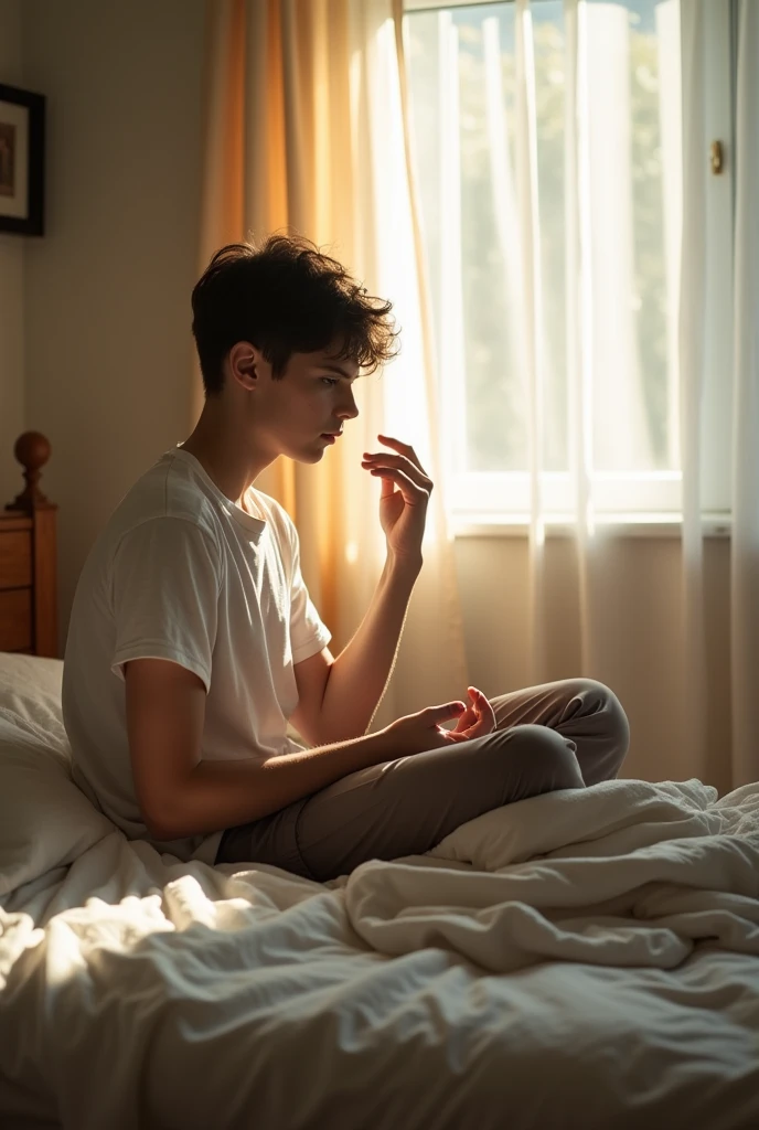A age boy is waking up from bed at 7:30 AM with a determined expression. He is sitting up in bed, with one hand on the bed to support himself as he rises, and the other hand is reaching to turn off an alarm clock that shows 7:30 AM. The boy has short, slightly messy hair, and his facial expression shows focus and resolve, as if he's ready to take on the day. The room is softly lit by the early morning sunlight coming through a nearby window, and the bed is unmade with a simple blanket partially draped over his legs. The room is tidy with minimal decor, emphasizing the morning routine.
