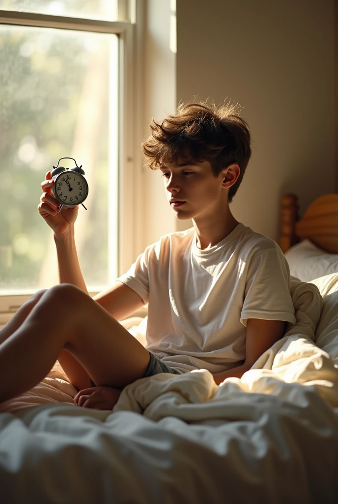 A teenage boy is waking up from bed at 7:30 AM with a determined expression. He is sitting up in bed, with one hand on the bed to support himself as he rises, and the other hand is reaching to turn off an alarm clock that shows 7:30 AM. The boy has short, slightly messy hair, and his facial expression shows focus and resolve, as if he's ready to take on the day. The room is softly lit by the early morning sunlight coming through a nearby window, and the bed is unmade with a simple blanket partially draped over his legs. The room is tidy with minimal decor, emphasizing the morning routine.