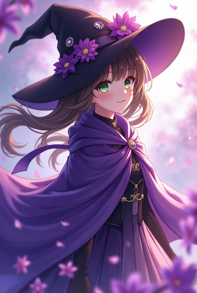 A beautiful girl, Perfect face, Keep your arms at your sides, masterpiece, Ultra-high resolution, high quality, 4K, Upper Body:1.5, Lisa (Genshin Impact), urple witch hat, Green Eyes, Brown hair, (Pure face_v1:0.008), (European:1.6), Bangs, skirt, Rose, Jewelry, witch, shawl, Purple headdress, Black Gloves, Purple flowers, Hair between the eyes, purple Rose, Open your mouth, purple shawl, Hat Flower, multicolored skirt, Hair accessories, windmill, from the side,