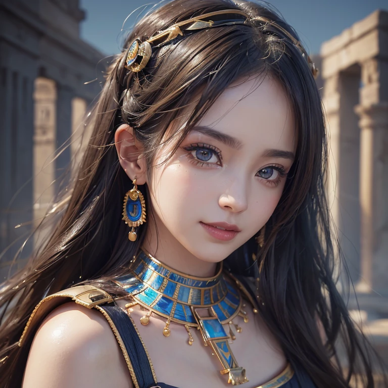 Pyramid on background、blue sky、Blowing hair 、 ((Highest quality、masterpiece、8k、Best image quality、Ultra-high resolution、Award-winning works)、(Accurate anatomy:1.1)、(Look at me and smile:1.0)、Shining fair skin with Ultra-high resolution、The most detailed face、Ultra-high resolution detailed face、Ultra-high resolutionの髪の毛、(Ultra-high resolution eye:1.1)、Beautiful face drawn in every detail、Ancient Egyptian costumes, Chest to chest, Dark atmosphere,Dark Light, Ancient Egyptian makeup,