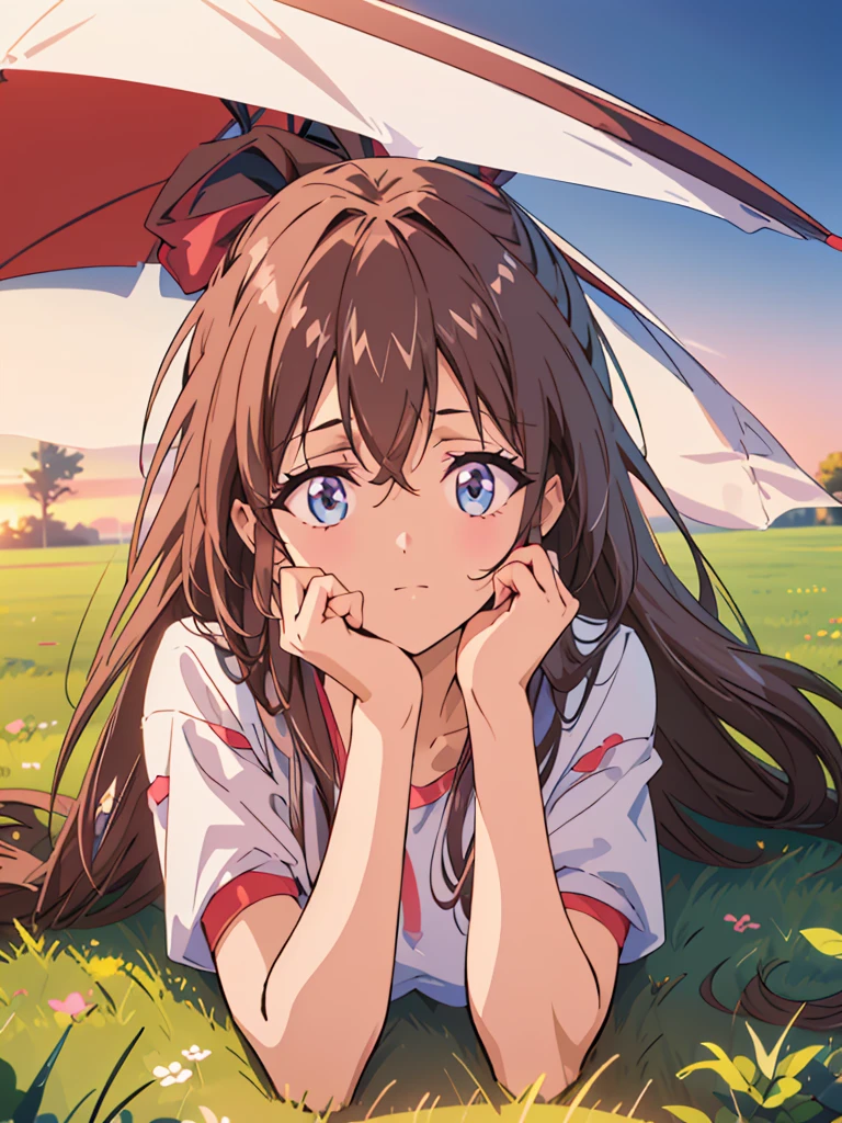 ( High resolution, Super detailed, Realistic, )(Anatomically correct), Aoi Tennis, 1 person, Hair Ribbon, The wind is blowing,Pink and white striped T-shirt, Lying on the grass, Eyes gazing at the sky, Sunset sky background, Super detailed, Highest quality, Detail view, Vectorized, 8k, graphic design, Vector line, Full HD,Looking up angle