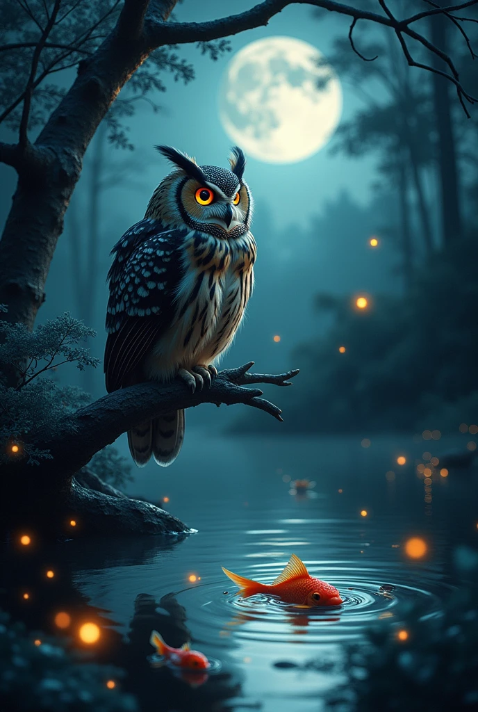 The owl hoots softly in the night,
And the fish swim left and right.