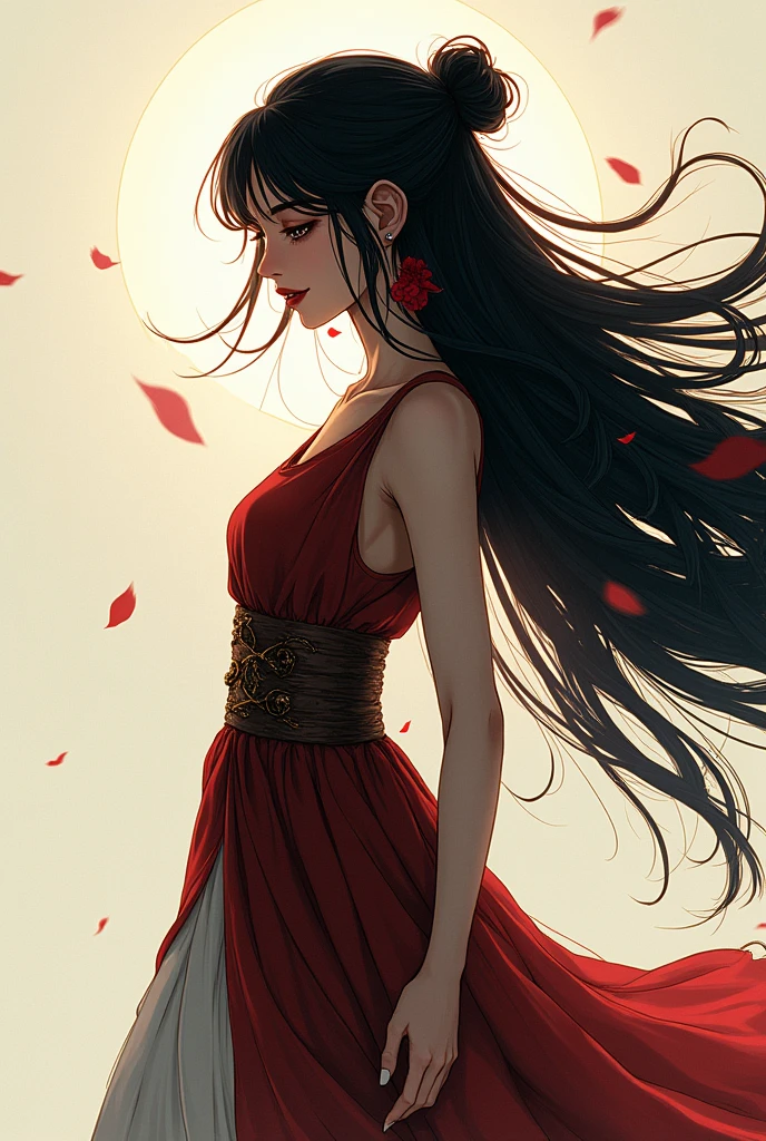 A young woman , 独奏, longye hair, very long hair, tusk, ass pov, Lens flare, minimalism, Decoration art, high resolution, Masterpiece artwork, precise, Teeth fangs, slightly-smile, simple background, Chromatic aberration, Lines of action, minimalism, illustration, 