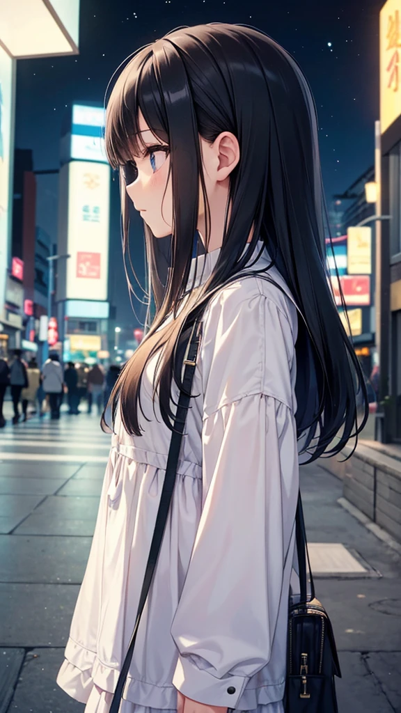 Looking into the sink。A young girl with black hair wearing stylish clothes and headphones labeled "lo-fi" The girl is shown in profile, gazing into the distance with a calm, relaxed expression Background depicts the iconic scenery of Namba, Osaka at night, without any text on signs A starry night sky adding to the peaceful atmosphere Overall mood is quiet and serene, perfect for lo-fi music Detailed hair rendering and careful attention to the girl's fashionable outfit The entire scene should evoke a relaxing, introspective feeling associated with lo-fi music
