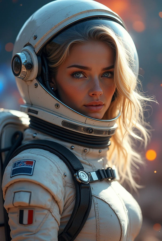 eautiful sexy young woman astronaut, sexy spacesuit, partially naked, action movie scene, blonde hair, blue eyes, sci-fi masterpiece, hdr, retro surreal
