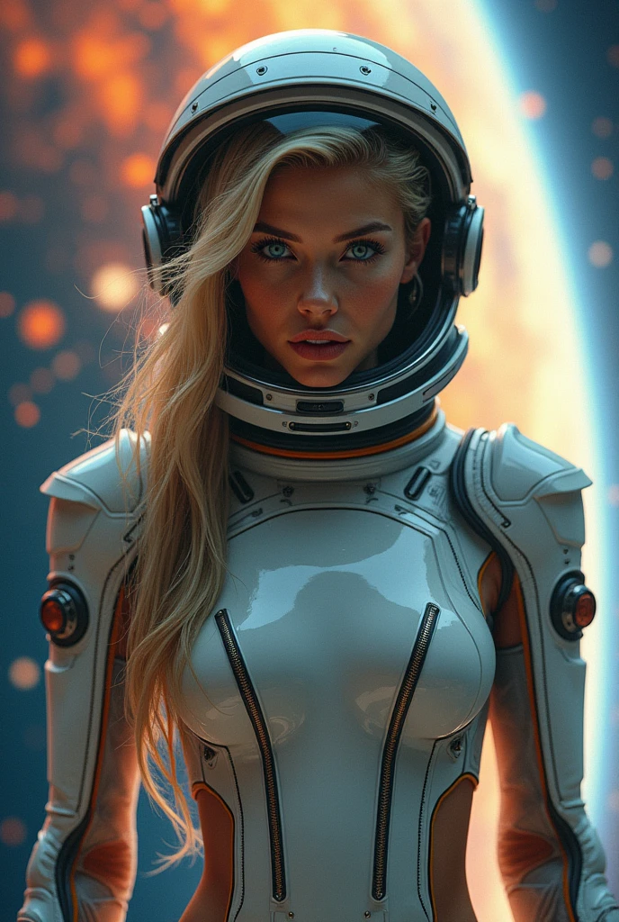 eautiful sexy young woman astronaut, sexy spacesuit, partially naked, action movie scene, blonde hair, blue eyes, sci-fi masterpiece, hdr, retro surreal