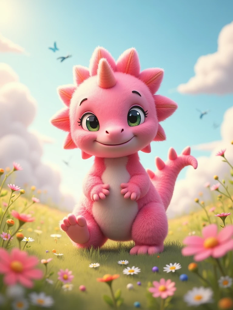 character nailon as dino but with pink color ,cute,fluffy