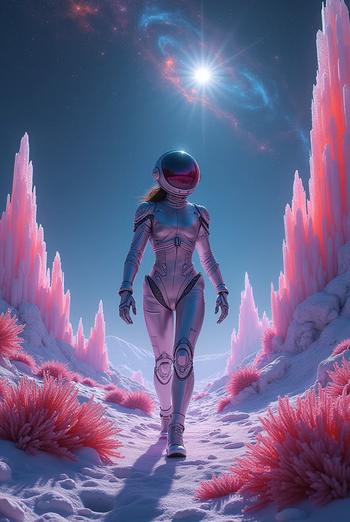 space woman entering a new hyper realistic planet