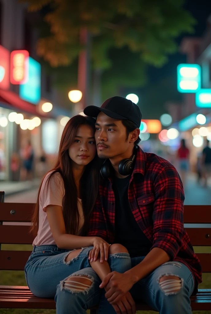 Hyper realistic, a 28 year old Indonesia man sitting on the bench park, ideal body, look straight ahead, wearing dark red flannel shirt and dark ripped jeans pants and black hiking hi-shoes with black backward trucker hat, wear dark leather backpack, wear headphone, masculine photoshoot pose, arrogant man expression, together with his sexy beautiful girlfriend with long hair and dressed summer clothes, romantic, happy shy, Bandung night town as background. Use soft photography lighting. top lighting. top lighting, slide lighting, high quality photos, UHD, 64k. shot with Canon EOS 5D Mark IV, cinematic portrait, Realistic face, not changing face, no mustache, Real photo, unchanging face, background change. Real Picture 8k ultra, man, gamer, hyper detailed, sharp focus, studio photo, intricate details, highly detailed, photo real, bright colors, digital graphics, unreal engine, blender art, perfect composition, octane rendering, masterpiece, sharp focus, high detail, art station, concept art, perfect composition, a model of ultra-high quality and clarity, perfect play of light and shadow, 32k UHD, hyper-detailing, complex artistic masterpiece, ((best quality)), ((masterpiece)), (detailed), perfect face