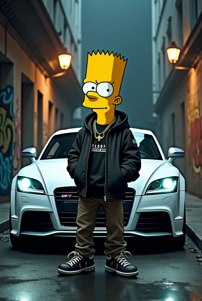a photo-realistic portrait of Bart Simpson,gangster,Audi TT mk2 2008 white car,muscular,serious expression,detailed facial features,intricate clothing,photorealistic,highly detailed,cinematic lighting,moody atmosphere,dramatic shadows,dynamic pose,gritty urban setting,hyper-realistic,cinematic composition,professional quality