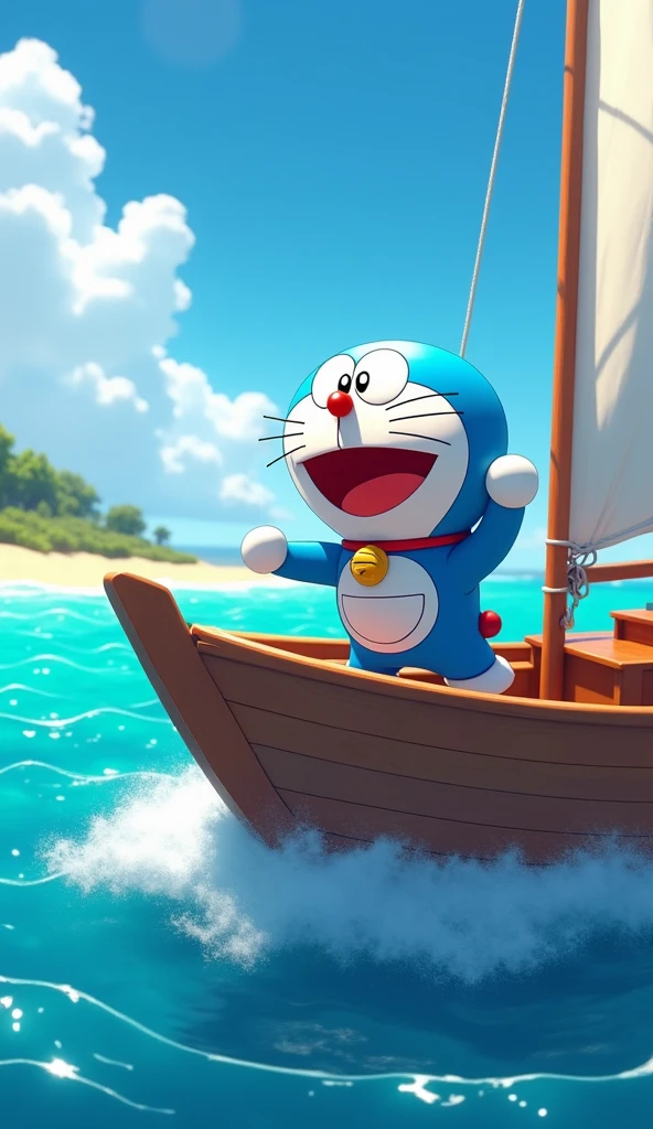 Image of doraemon standing on the boat checking everything on the boat.The boat glides on the sea with each wave, sharp 3D 4K image