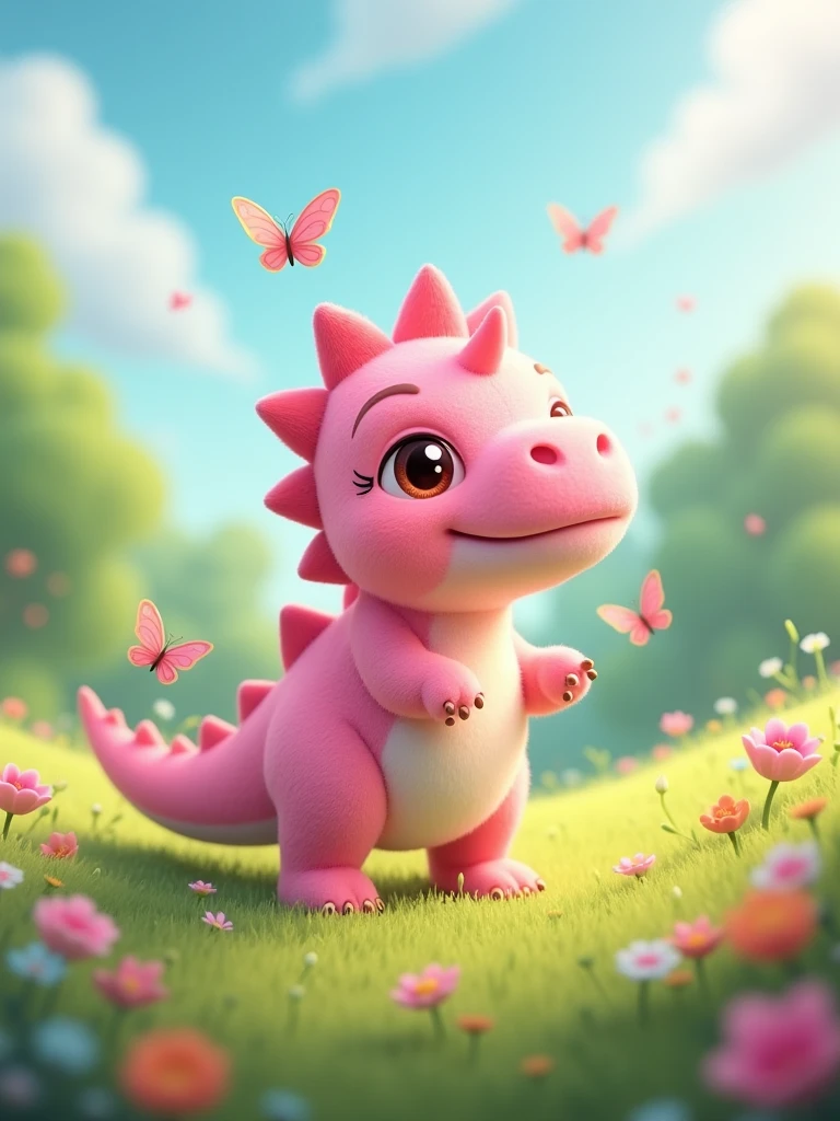 character nailon as dino but with pink color ,cute,fluffy