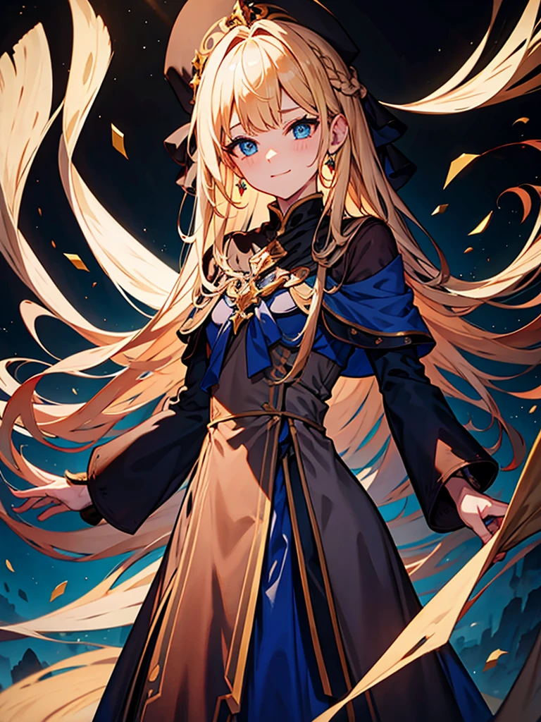 Black background with spotlight, fantasy class,saint, One person,holy, braided blonde hair,Medium Hair, blue eyes, Blue Earrings, 白いholyドレス,long heavy dress, (saint holy hin:0.8), Cowboy Shot,Looking_in_Audience