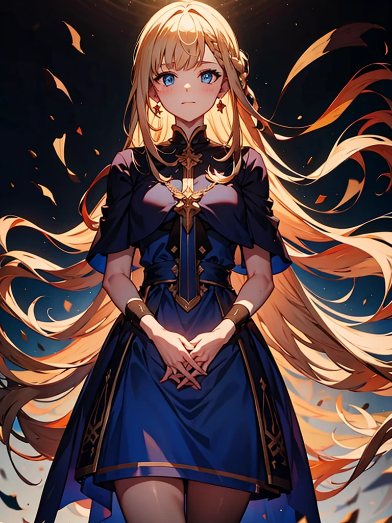 Black background with spotlight, fantasy class,saint, One person,holy, braided blonde hair,Medium Hair, blue eyes, Blue Earrings, 白いholyドレス,long heavy dress, (saint holy hin:0.8), Cowboy Shot,Looking_in_Audience