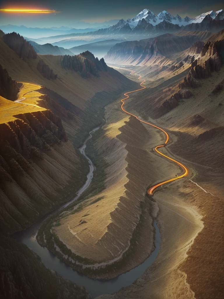 (a landscape,detailed,long road,extremely high mountain and long river,dark brown golden sun, a neon futuristic),vivid colors,highres,ultra-detailed,physically-based rendering,studio lighting,warm color tone.