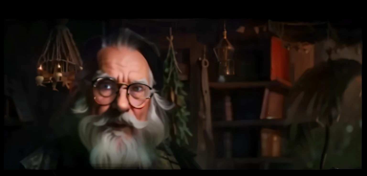 The image features an elderly man with a wide-eyed, startled expression, likely conveying surprise or shock. He has a long, white beard and wears glasses perched on his nose. His ears are somewhat pointy, suggesting a fantastical or otherworldly character. The background is dimly lit, with various hanging objects, possibly herbs or dried plants, giving the setting a rustic, possibly magical or witchy ambiance. The lighting is low and adds to the mysterious, eerie atmosphere of the scene.