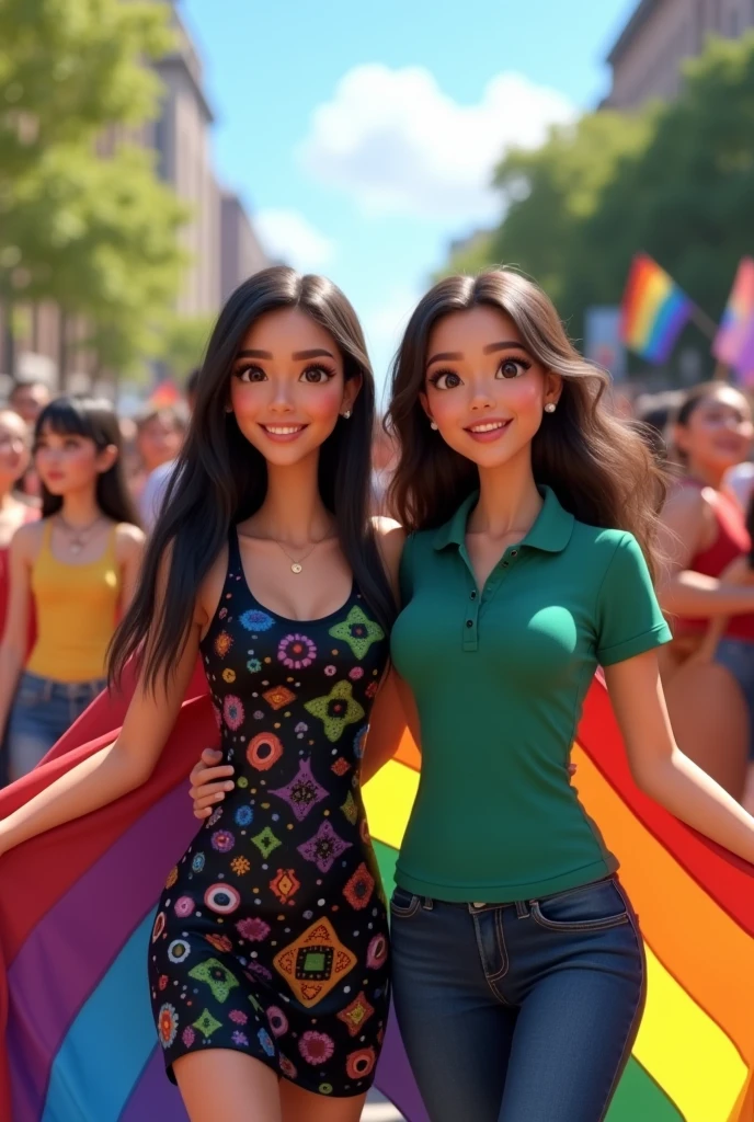 Create a photo in a Disney Pixar style where there are two women in the middle of an LGBTIQ march+. One of the women is of fair complexion with long, straight, black hair. She has a vibrant black [clothing item] and is wearing a LGBTIQ flag over it.+. The other girl is white with Chinese eyes, long straight black hair, smiling, wearing a green polo shirt.