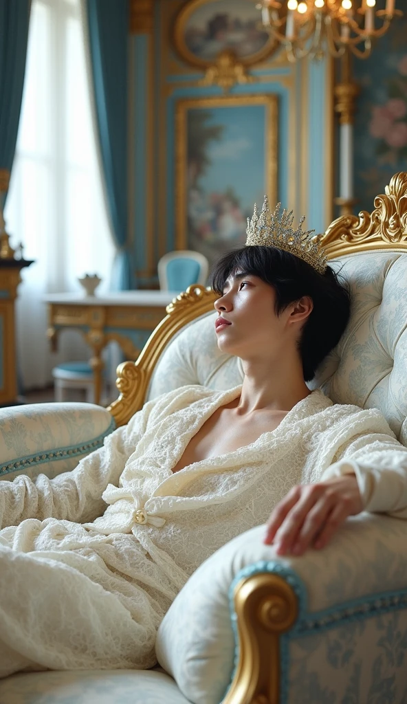 A young man with fair skin and black hair and a thin body, wearing white lace old French clothes and a delicate golden tiara on his head, sitting on a large aristocratic white sofa, in a large royal palace with a white, blue theme. Detailed details are present