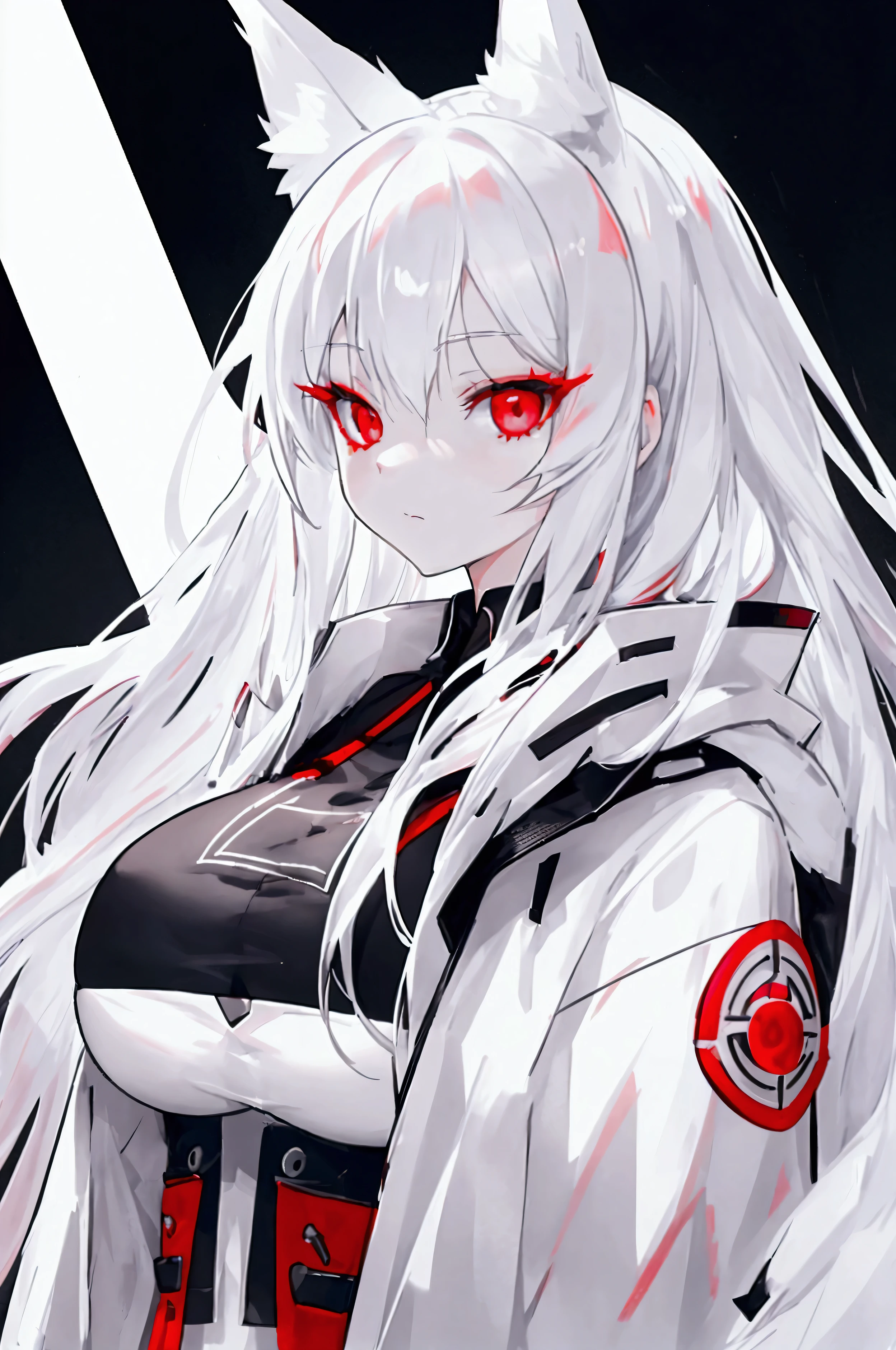Silver hair, long hair, red eyes, cute face,sexy , Z_CUP(HUGE_BREASTS) , White fox ears, nine white fox tails, There is a white fox mask on the top right of the head,white jacket
