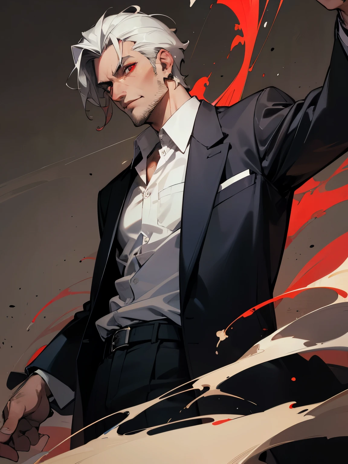 My uncle has dark hair, red eyes, and looks cool. He wears a suit, has short stubble, some gray hair, an earring, and a vintage shirt.