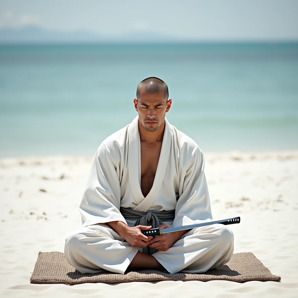 A japanese samurai sitting on a mat laid out on a white sandbar is about to pull a wakizashi from sheath in front of his face.
He is dressed in white, navel, shaved head. eyes closed, front view,