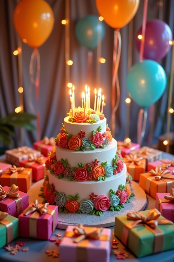 Cake and gifts on table with Beautiful birthday background