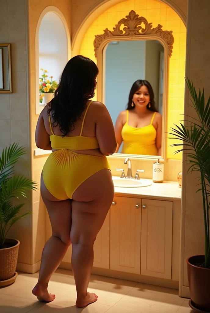 voluptuous chubby filipina wearing yellow bathing suit with medium length hair inside the bathroom